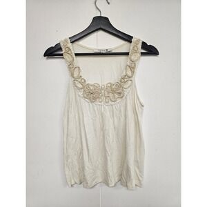 Y2K Forever 21 Tank Top Womens Small White Embroidered Scoop Neck Boho Rayon